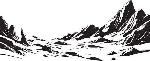 Fantastic landscape on a distant planet, mountains, planets, wastelands, futurism. Hand drawn vector illustration