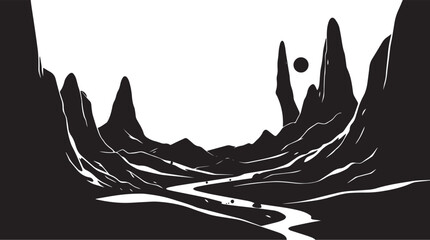 Fantastic landscape on a distant planet, mountains, planets, wastelands, futurism. Hand drawn vector illustration