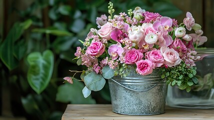 Pink roses and orchids fill a vintage metal bucket on a wooden table