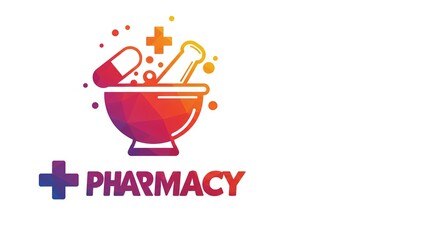 Pharmacy logo with mortar, pestle, pill and cross in vibrant polygonal style