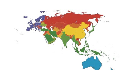 Fototapeta premium Political Map of Asia and Europe Featuring Distinctly Colored Countries