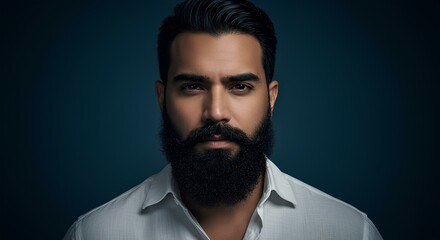Portrait of a handsome man with a full beard in a white shirt posing