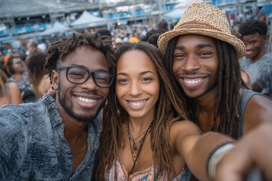 Happy black family taking selfie with cell phone at stadium. High quality - Powered by Adobe
