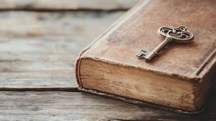 Fototapeta premium Vintage Book with Antique Key on Rustic Wooden Table Surface