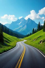 A winding asphalt road cuts through a vibrant green landscape, leading towards a distant mountain range under a clear blue sky  Perfect for travel, adventure, and nature themes ,  way,  view