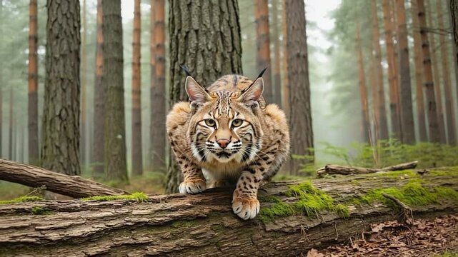 A lynx stealthily crouching on a moss-covered log in a misty forest, surrounded by tall trees