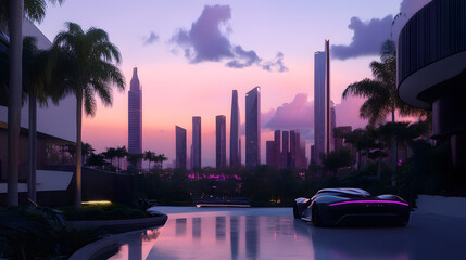 Obraz premium Modern metropolis skyline at sunset, palm-lined boulevards, retro-futuristic architecture, high-resolution digital art