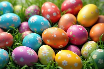 Naklejka premium Colorful Easter eggs displayed in a festive arrangement, ready for a celebration , table setting, home decor, vibrant