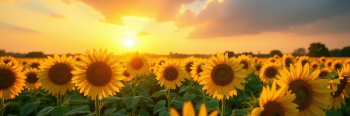 Obraz premium Golden hour sun bathes vibrant sunflowers in a vast field , sunflower, plants