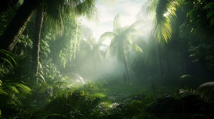 Obraz premium Lush jungle scene with sunlight filtering through palm trees and dense foliage.