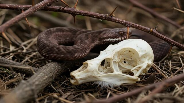 Snake coiled beside a weathered skull on forest floor, surrounded by thorny branches and foliage - european viper