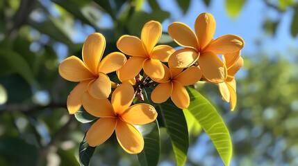 Fototapeta premium The warm, golden frangipani blossoms are clustered together showing beautiful contrast against the green leaves