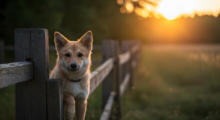 Dog by Fence at Sunset
