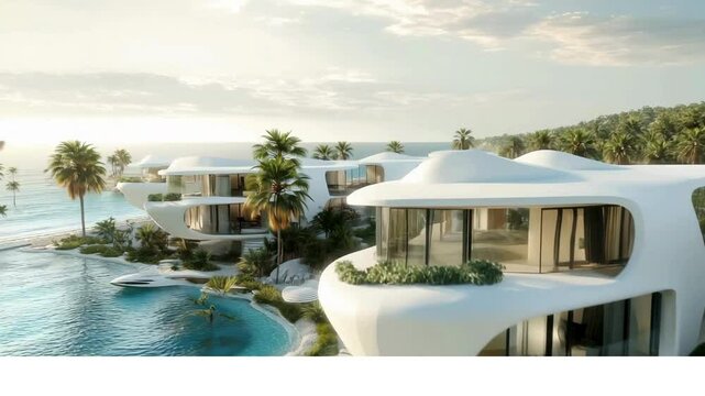 Bird's eye drone perspective, panoramic view of Gaza coast, digital concept design of modern resorts Project