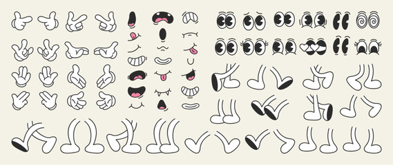 Set of 70s groovy comic faces vector. Collection of cartoon character faces, leg, hand in different emotions happy, angry, sad, cheerful. Cute retro groovy hippie illustration for decorative, sticker.