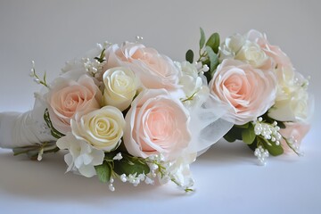 Obraz premium Two beautiful bouquets display light pink and white roses with small pearl accents