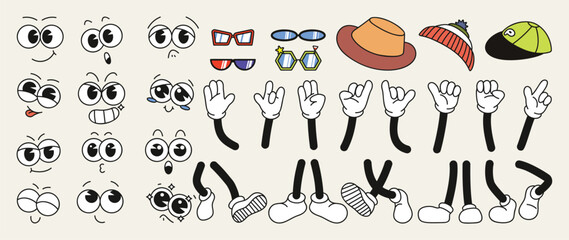 Naklejka premium Set of 70s groovy comic vector. Collection of cartoon character faces in different emotions, hand, glove, glasses, hat, shoes. Cute retro groovy hippie illustration for decorative, sticker.