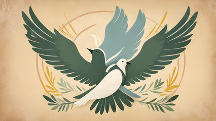 Obraz premium This retro political poster promotes themes of peace and unity through symbolic olive branches, doves, and joined hands. Utilizing muted pastel colors and textured backgrounds.