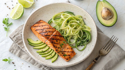Grilled salmon served with zucchini noodles and avocado slices, garnished with lime