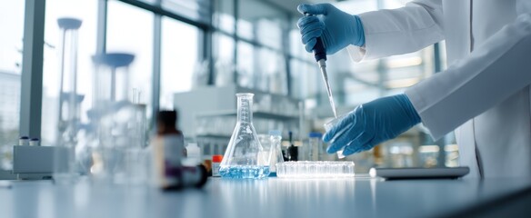 The laboratory technician conducting experiments using a pipette and glassware.