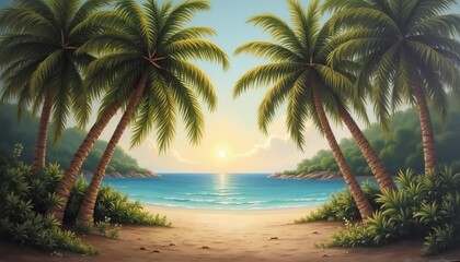 Fototapeta premium Tropical beach sunset with vibrant ocean and silhouetted palm trees creating a peaceful, sunny vacation and travel concept.