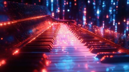Grand Piano illuminated with neon lights for musical brilliance in nightlife