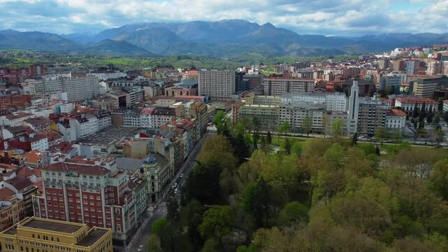 Oviedo centre withe Park and mountains in the back. Also the cathedral and famous buildings. Taken with my drone 