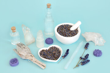 Lavender herb adaptogen herbal medicine with quartz crystals for natural healing alternative...