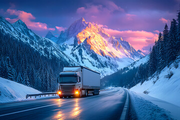 Freight Truck Driving Through Snowy Mountains at Sunset