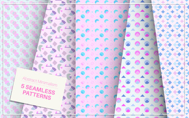5 Abstract Seamless Patterns with dynamic shapes in pink tones, playing with symmetry and balance