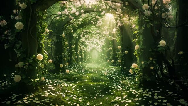 blooming entrance portal to the magical forest. follow your intuition. glowing flowers and path between trees. emotional, and spiritual concept. 4k video footage Generative AI 