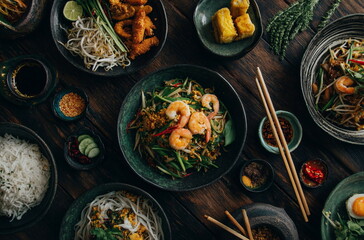 Spicy shrimp and vegetable stir-fry served on elegant tableware in a Thai setting, evoking the bold flavors and vibrant colors of Southeast Asian street food.

