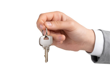 Hand in Gray Suit Holding Keys Against Transparent Background, PNG