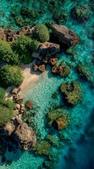 Aerial View of Turquoise Ocean, Rocks and Sandy Beach