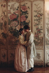 Obraz premium Korean wedding couple wearing hanbok poses in a historic interior with a painted floral panel. A poetic moment that blends romance, history, and national tradition.