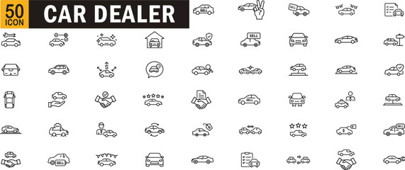 Car dealer editable outline icon set. Sale, purchase, showroom, vehicle, dealership, agreement and more.
