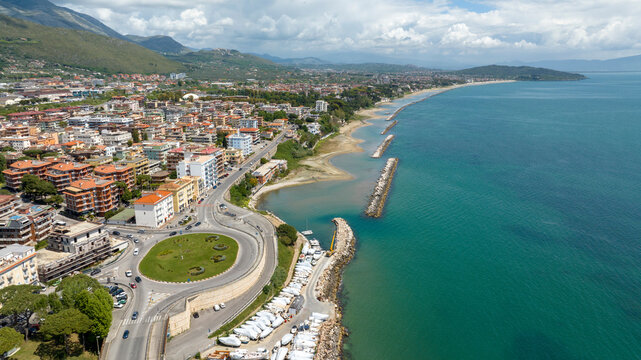 Aerial view of the seafront of the city of Formia, in the province of Latina, Lazio, Italy. This town overlooks the Mediterranean Sea. In the background is the panorama of the Lazio coast.