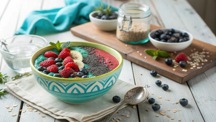 Vibrant smoothie bowl with berries, chia seeds, and fresh mint creates refreshing breakfast