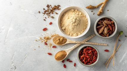 Adaptogenic herbs and powders are displayed bowls, showcasing their natural colors and textures
