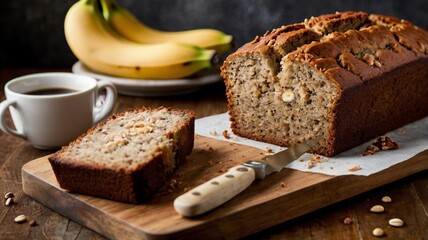 A rustic-style banana loaf cake, partially sliced, revealing a dense, moist texture. Crumbs on the board, a serrated knife nearby, and a cup of coffee beside it