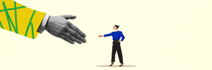 Large hand in yellow sleeve reaches out to woman in blue shirt for handshake. Deal. Concept of business, cooperation, negotiation, partnership, connection. Contemporary art collage.