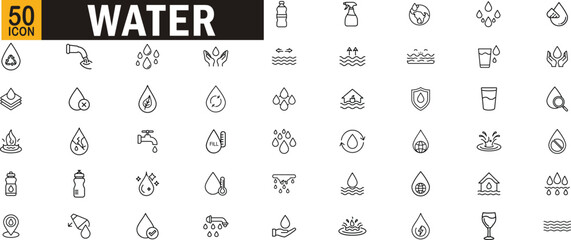 Water editable outline icon set. Conservation, purification, droplets, hydration, plumbing, sustainability and more.