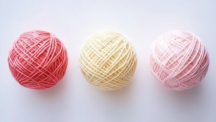 Fototapeta premium Three balls of yarn in coral, cream, and pale pink arranged in a row on a white background