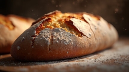  Crust Craft – Close-Up of Rustic Artisan Sourdough Bread with Golden-Brown Crust and Flour Dust Suspended in the Air, Freshly Baked and Still Warm from the Oven