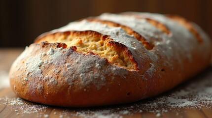  Crust Craft – Close-Up of Rustic Artisan Sourdough Bread with Golden-Brown Crust and Flour Dust Suspended in the Air, Freshly Baked and Still Warm from the Oven