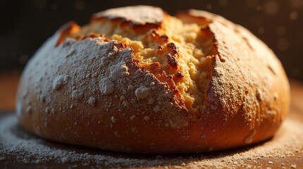  Crust Craft – Close-Up of Rustic Artisan Sourdough Bread with Golden-Brown Crust and Flour Dust Suspended in the Air, Freshly Baked and Still Warm from the Oven