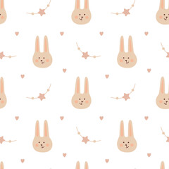 Vector seamless pattern with funny cartoon animals heads and kids toys. Nice rabbits muzzle wallpaper. Cute bunnies and stars. Texture for textile or wrapping paper. Repeat ornament in a flat style.