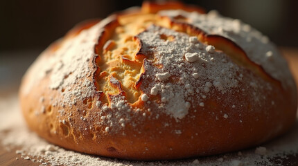  Crust Craft – Close-Up of Rustic Artisan Sourdough Bread with Golden-Brown Crust and Flour Dust Suspended in the Air, Freshly Baked and Still Warm from the Oven