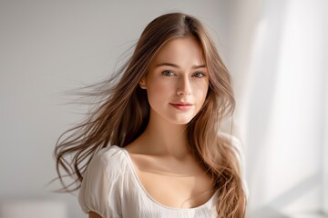 Fototapeta premium Young Woman with Flowing Hair and Soft Sunlight in a Bright Indoor Setting