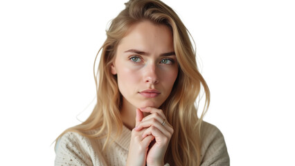 Naklejka premium A woman with blonde hair looks thoughtfully at the camera, resting her chin on her hand.